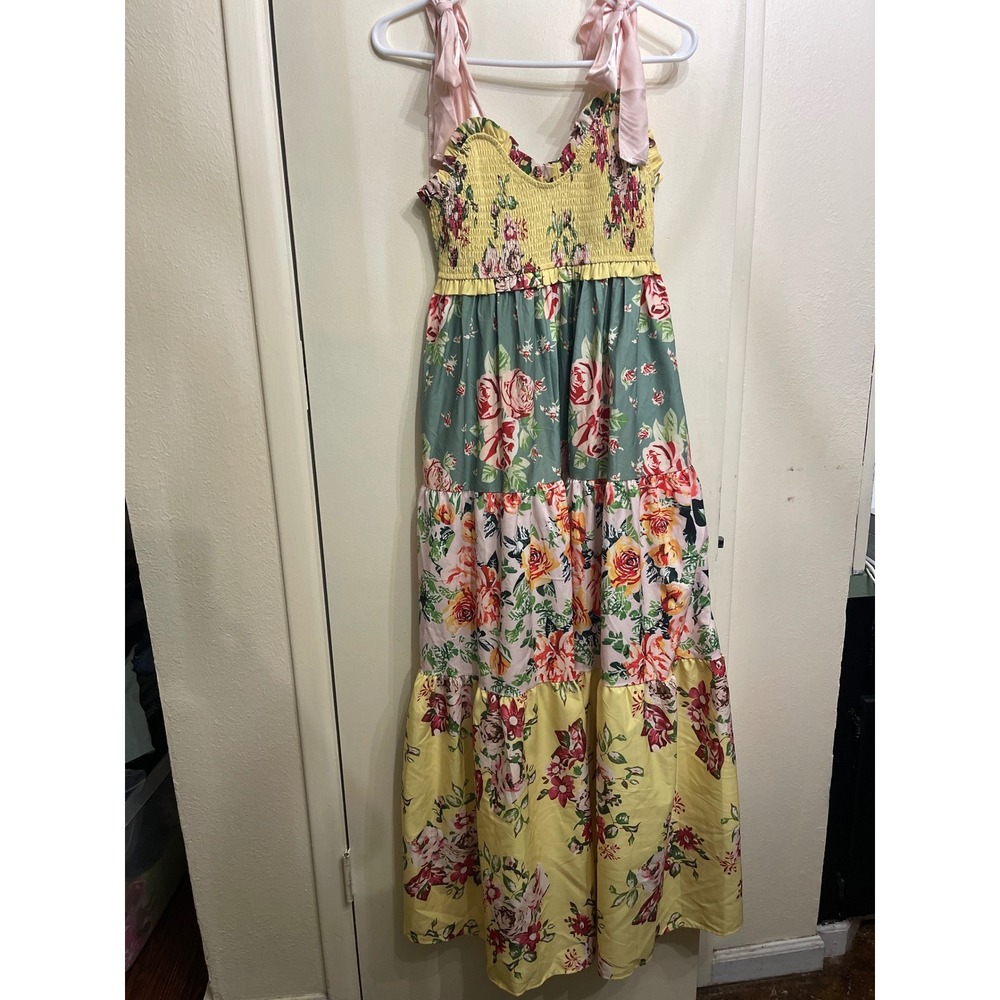 Abyovrt Floral Tiered Maxi Dress Pink Tie Straps Smocked Bodice Multi Summer L